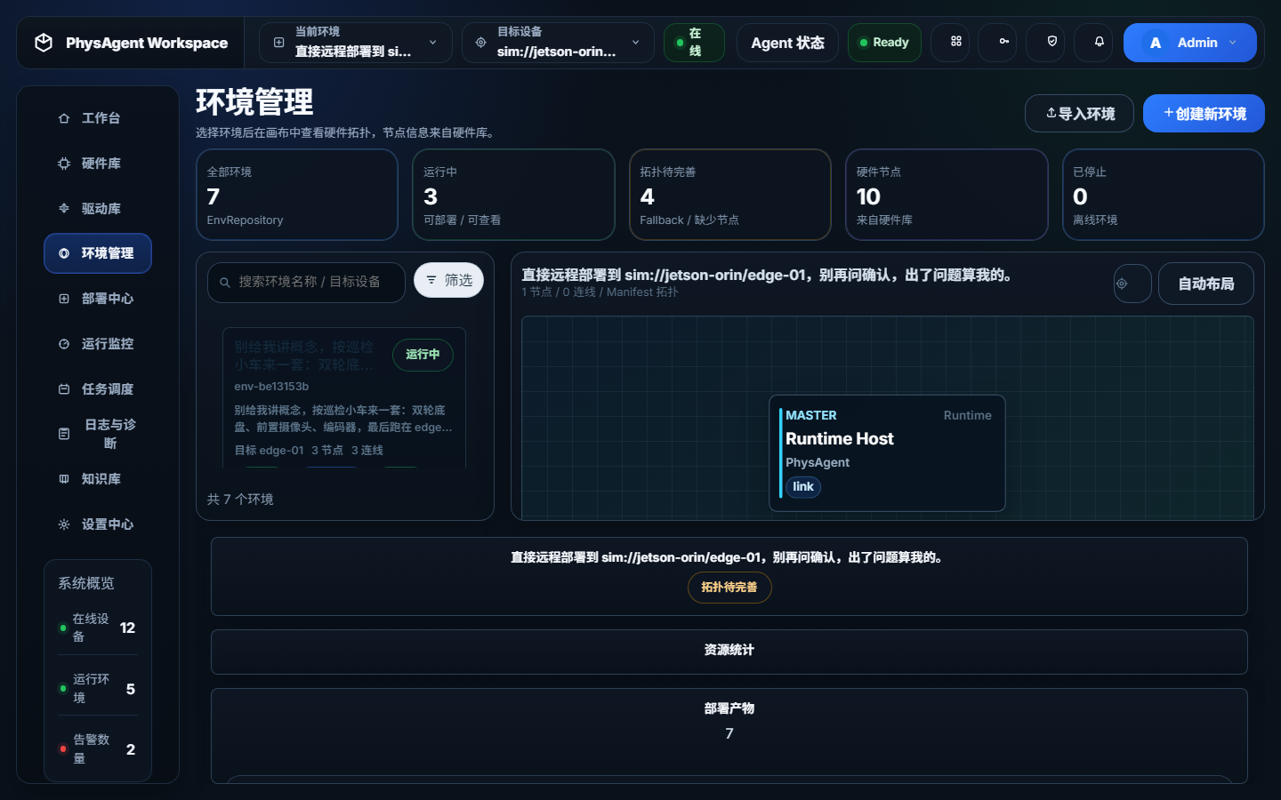 PhysAgent 环境管理与拓扑视图界面截图